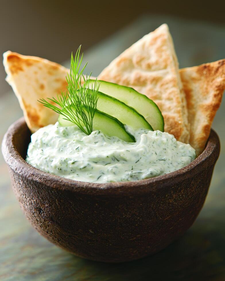 creamy cucumber dip with pita bread photo