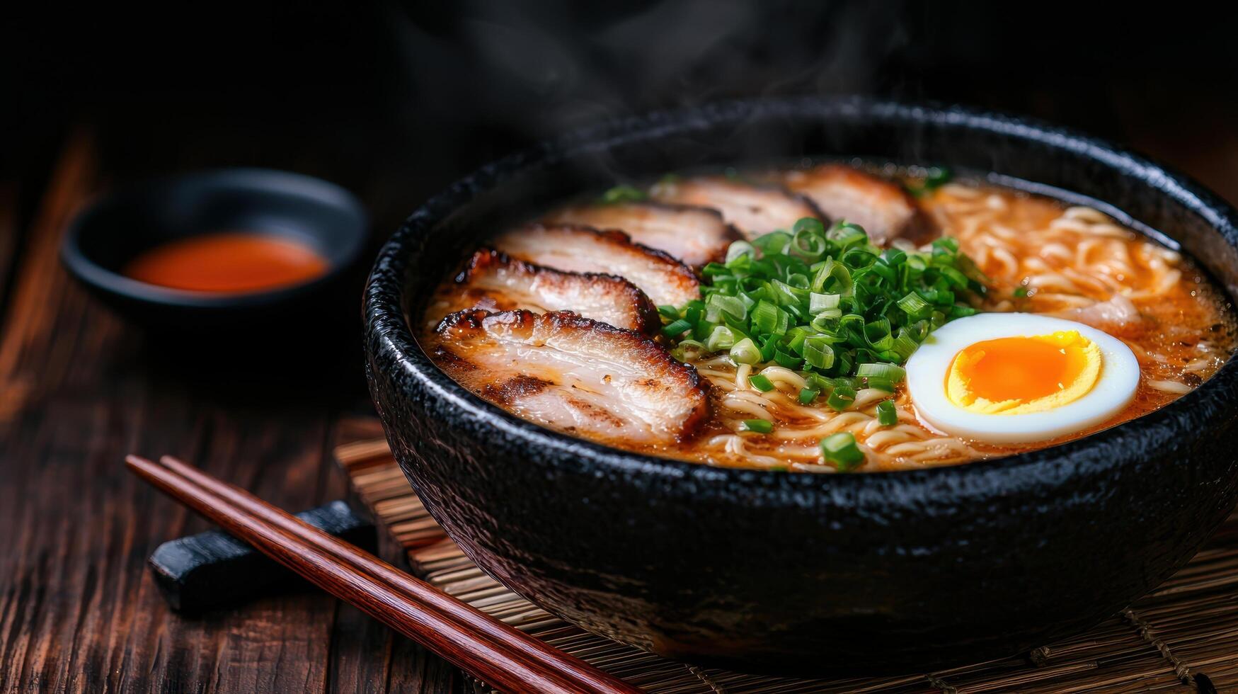 Delicious Japanese ramen noodle soup with pork, egg, and green onions photo