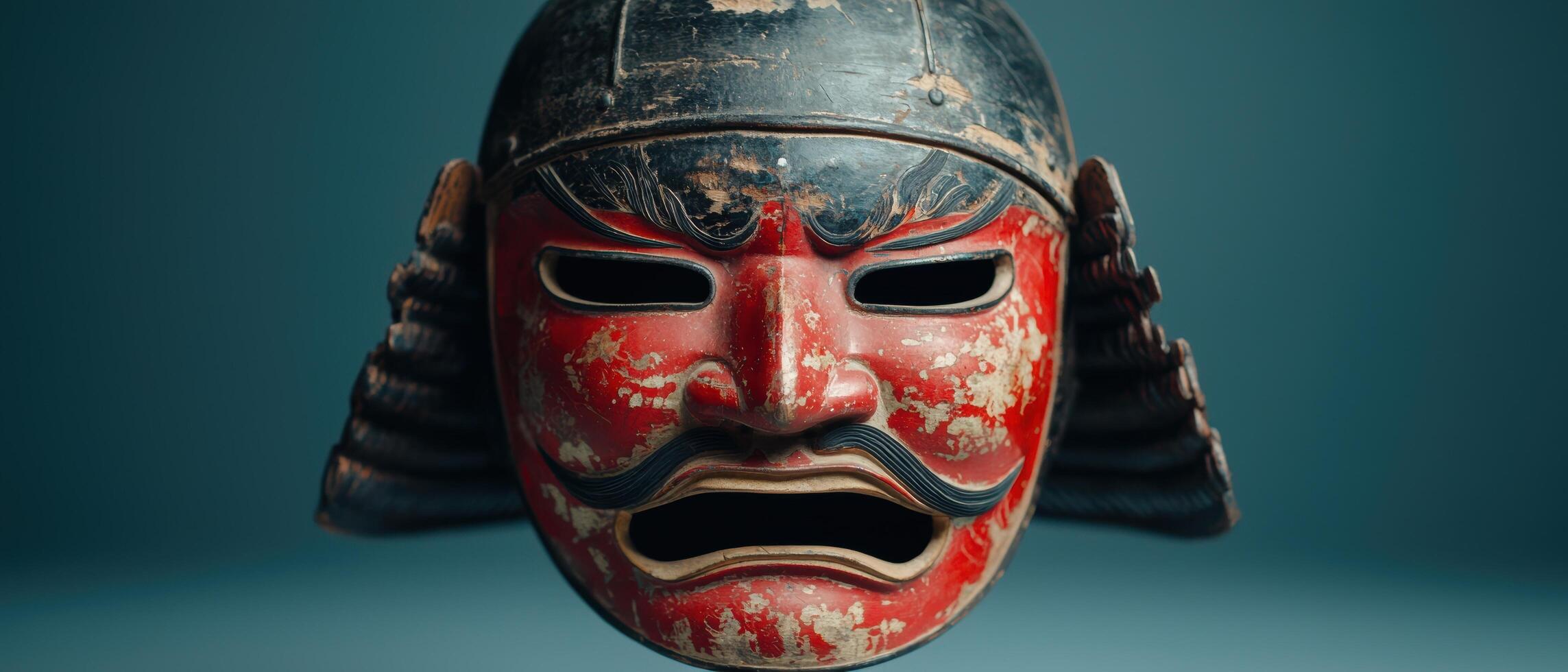 Weathered samurai mask with red and black design photo