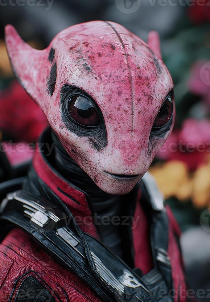 close up of an alien character with a pink and black spacesuit photo
