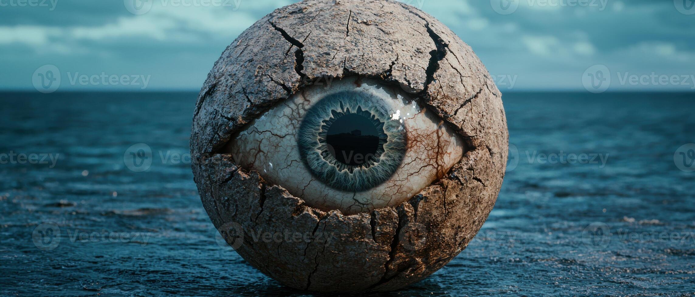 Cracked eye of a stone sphere on the ocean photo