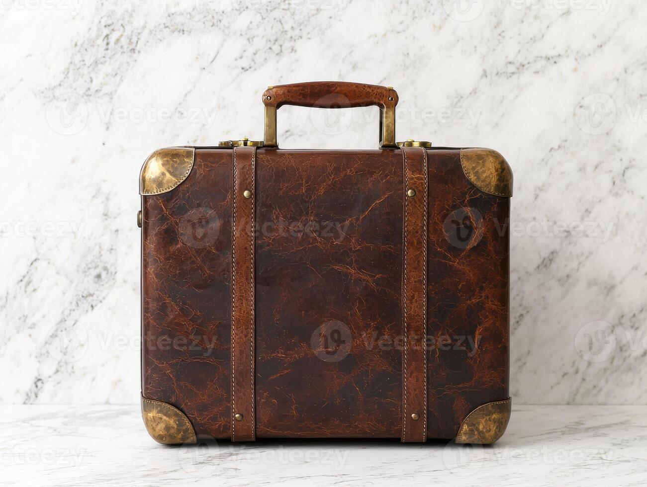 Vintage leather suitcase on marble background photo