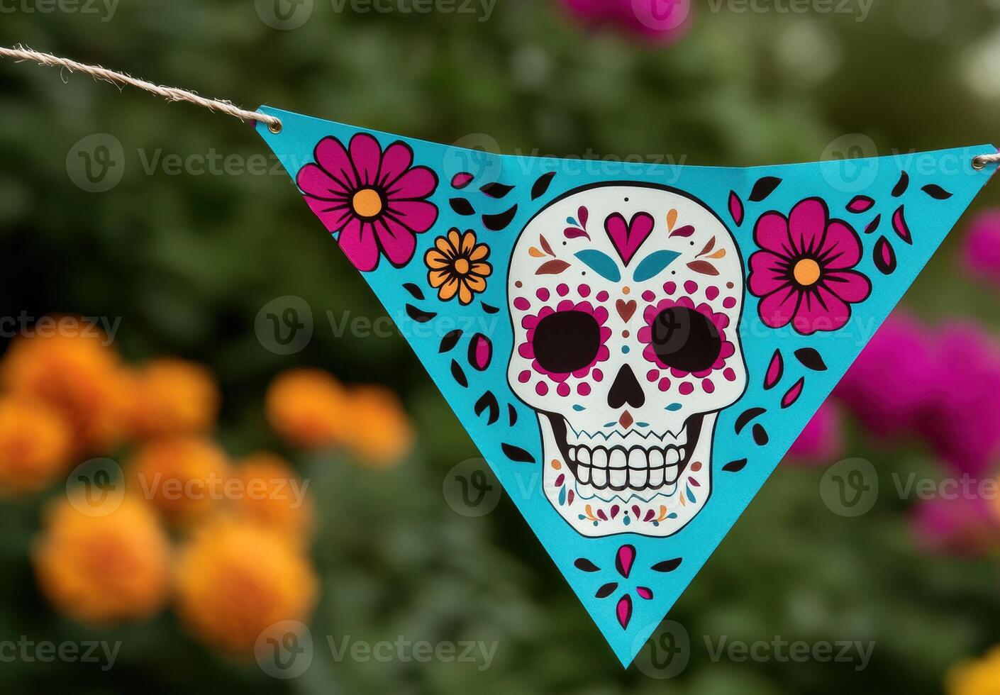 colorful day of the dead banner with skull and flowers photo