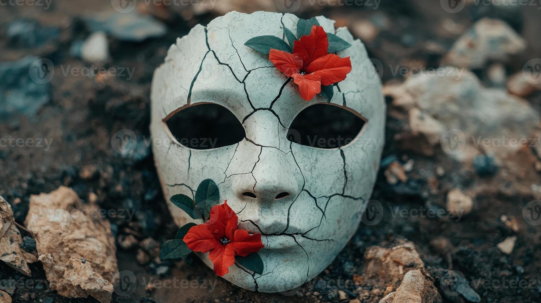 Cracked mask with red flowers photo