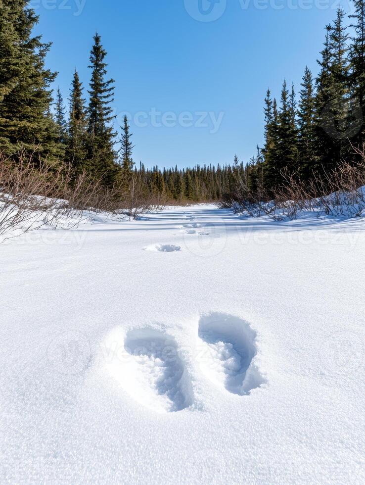 Snowy forest path with footprints in the snow photo