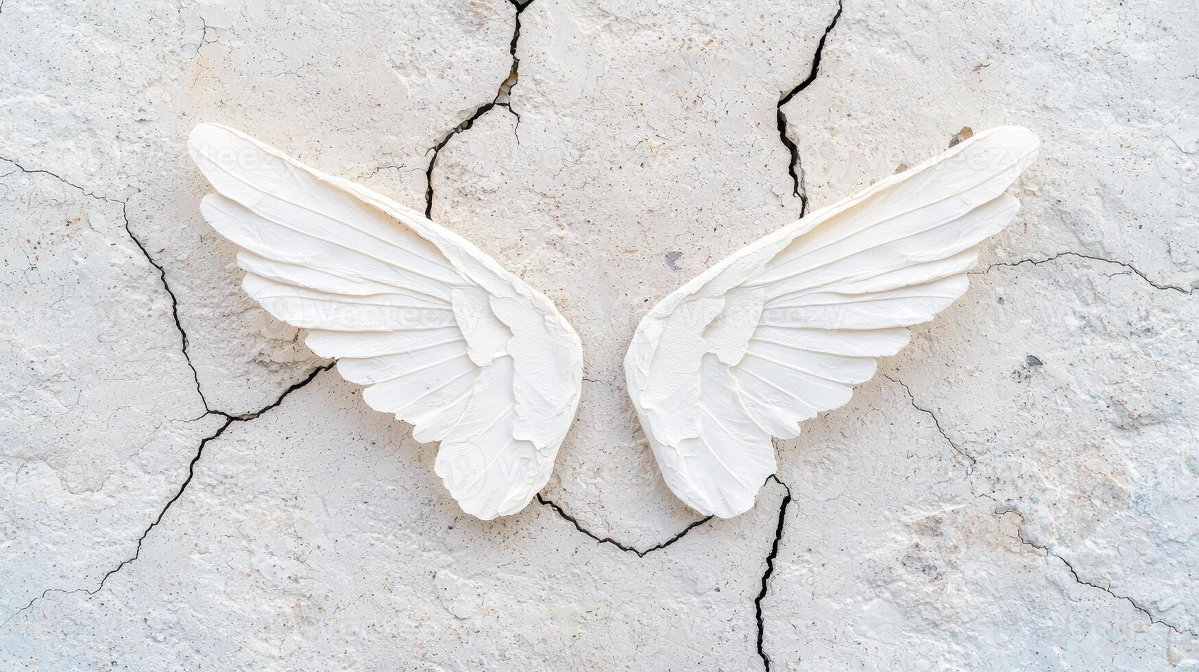Angelic white wings on cracked concrete background photo
