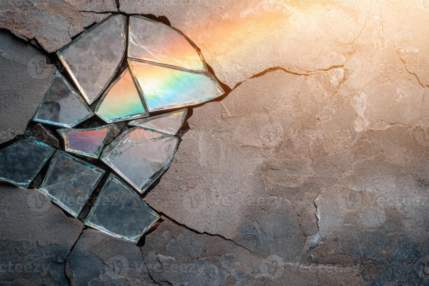 Shattered glass reflecting colorful light on textured stone background photo
