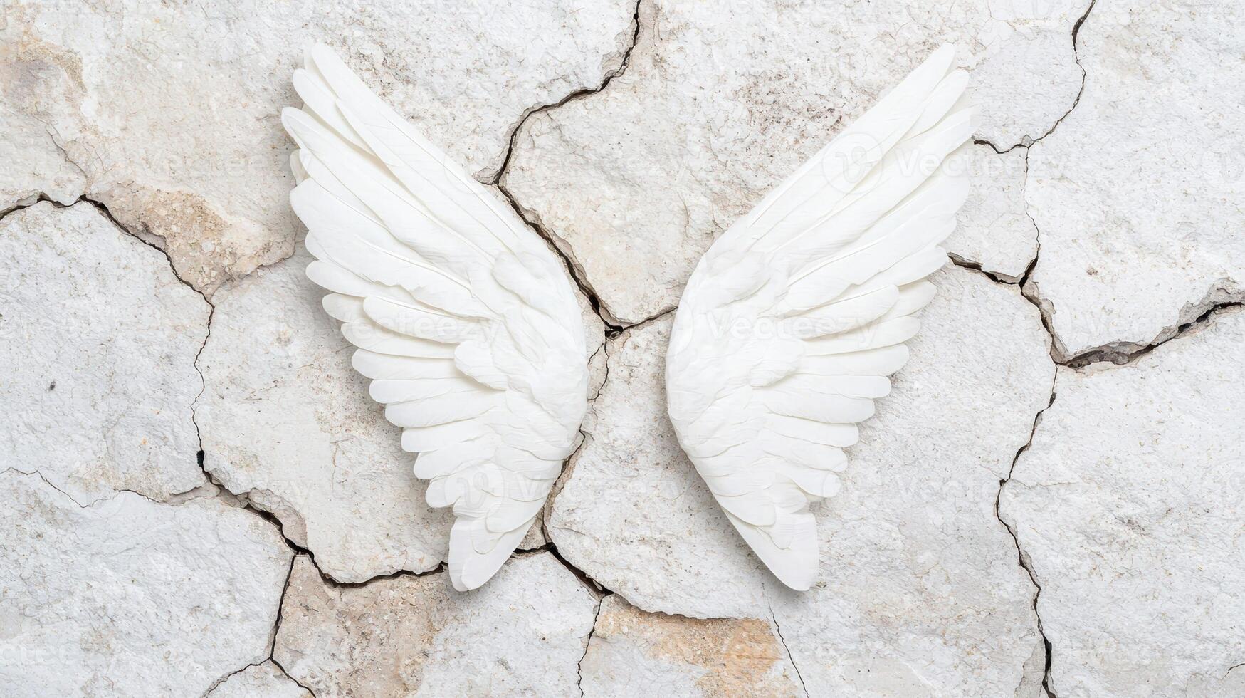 white angel wings on cracked stone background photo