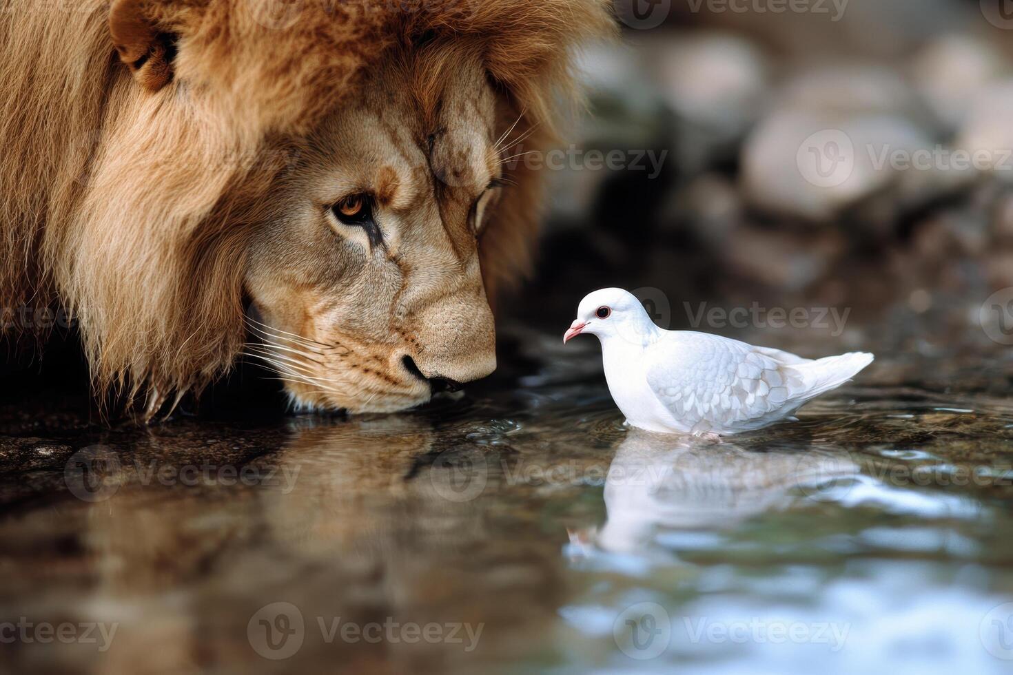Majestic lion and peaceful dove share a moment photo