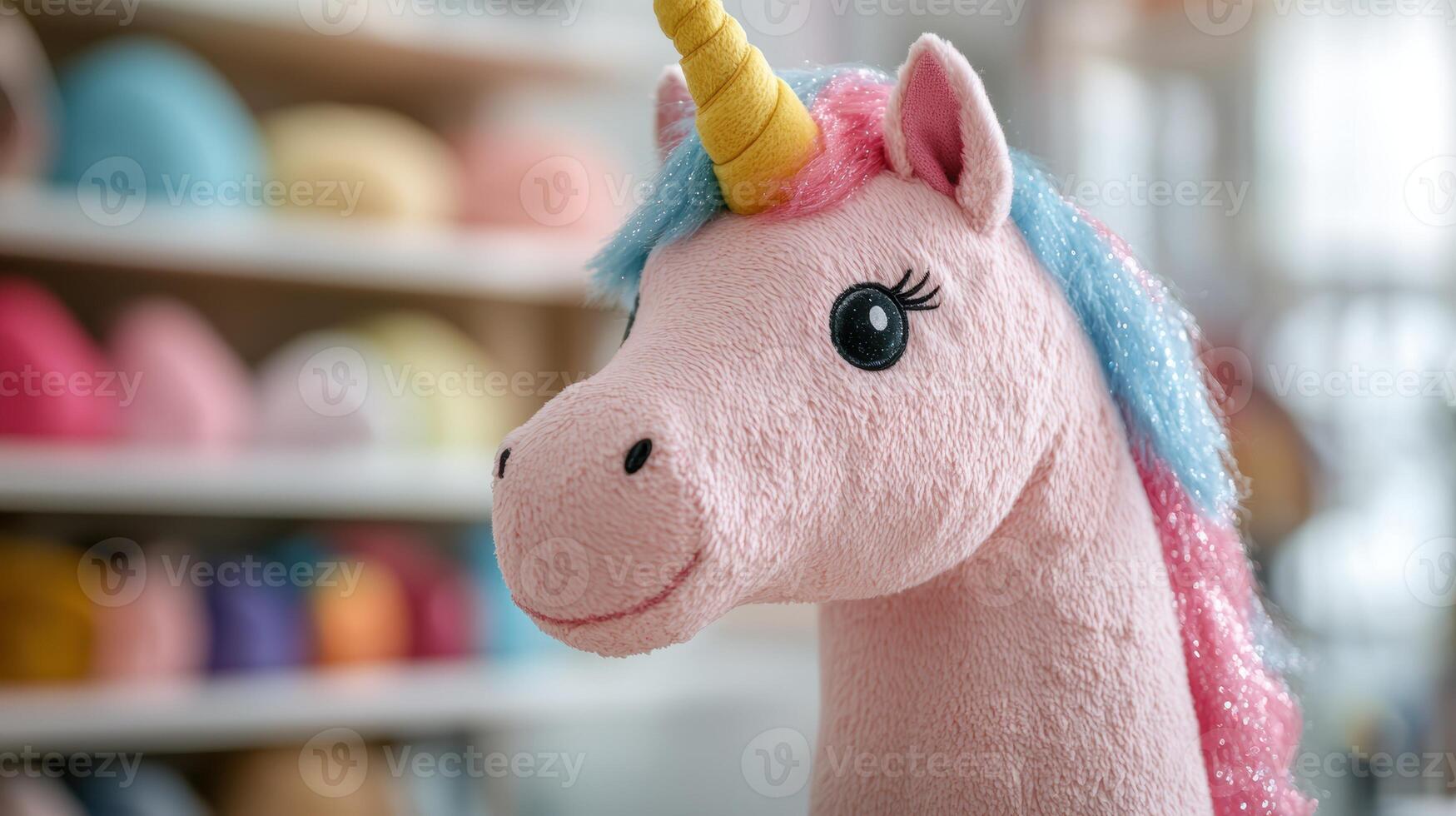 Cute pink unicorn plush toy on shelf photo
