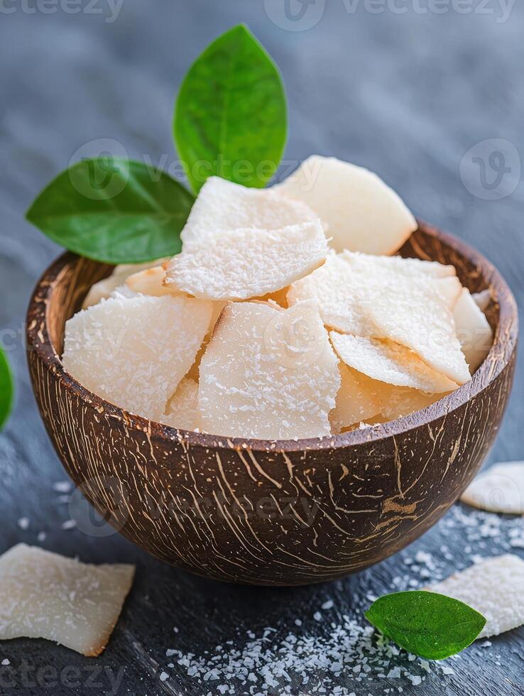 Tropical coconut dessert with fresh leaves photo