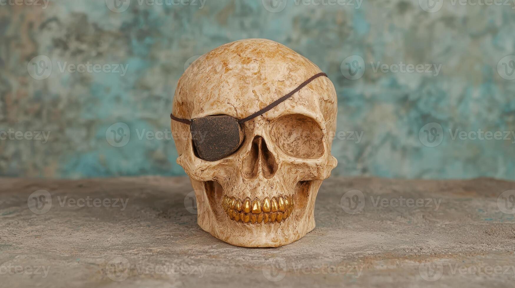 Realistic human skull with eyepatch photo