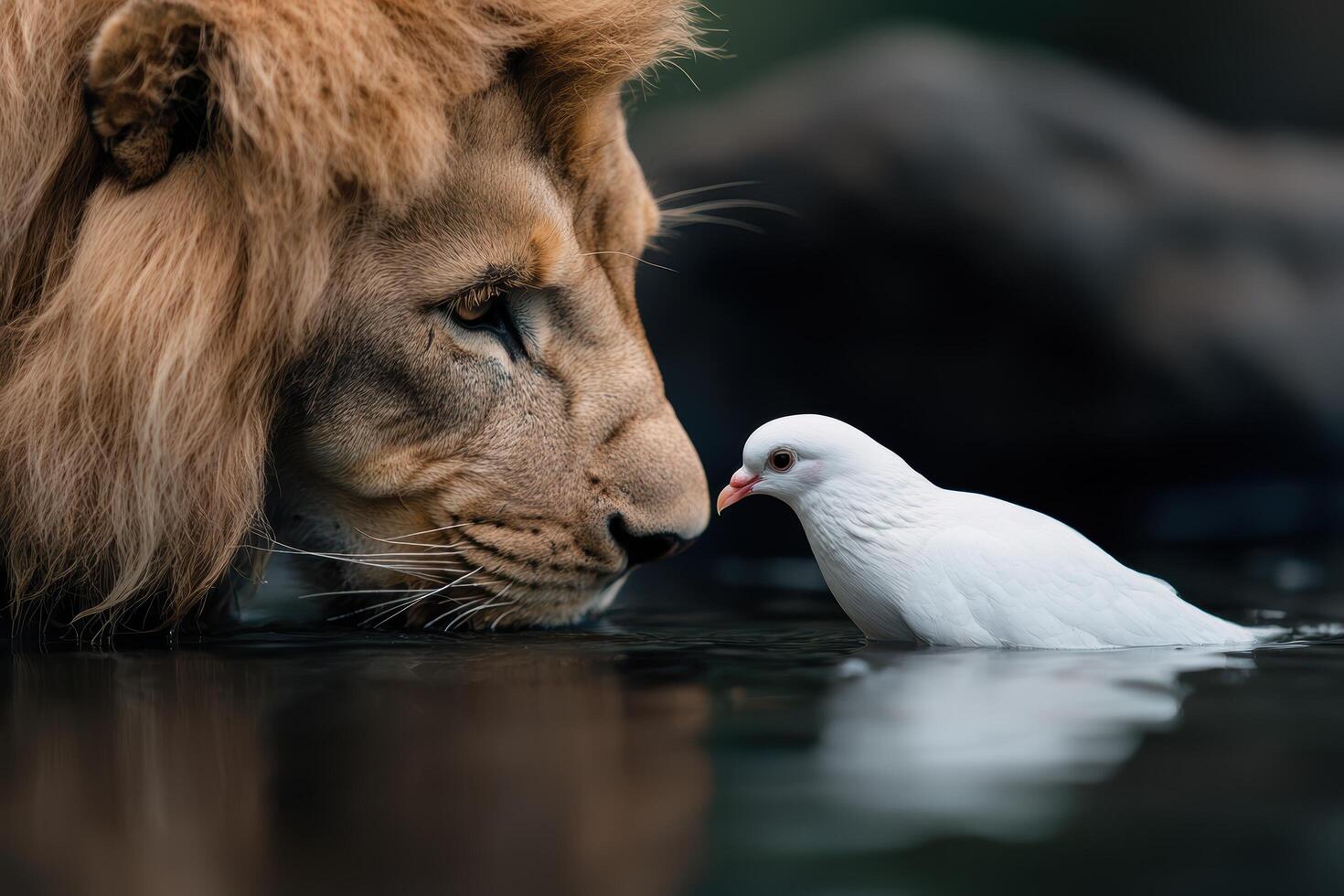 Peaceful coexistence between a lion and a dove photo