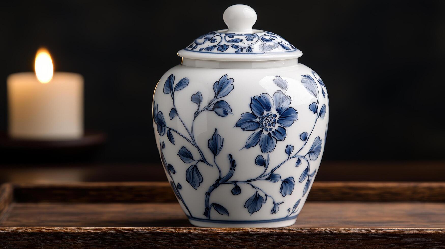 Ornate blue and white ceramic vase with floral design photo