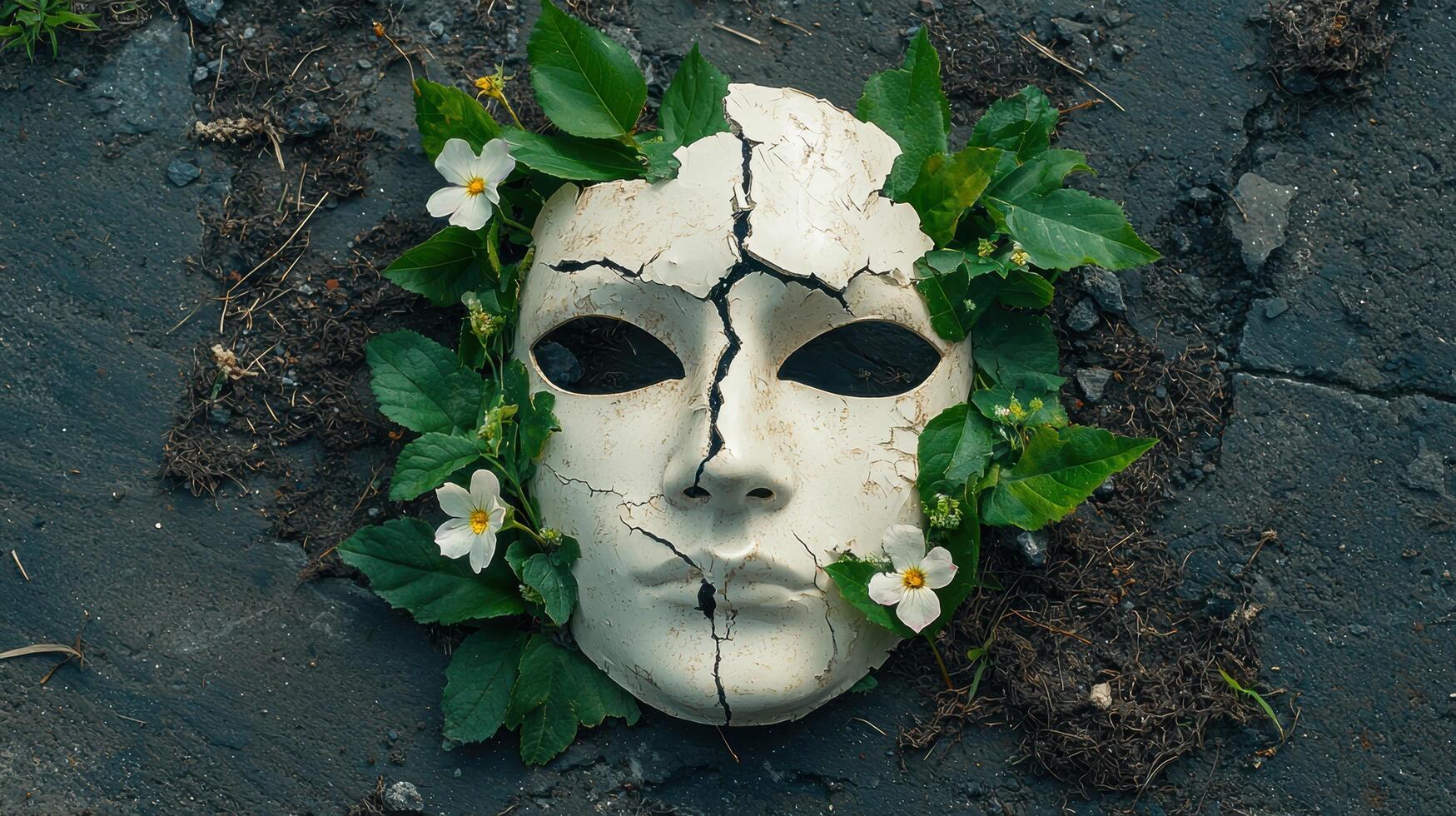 Cracked mask surrounded by nature photo