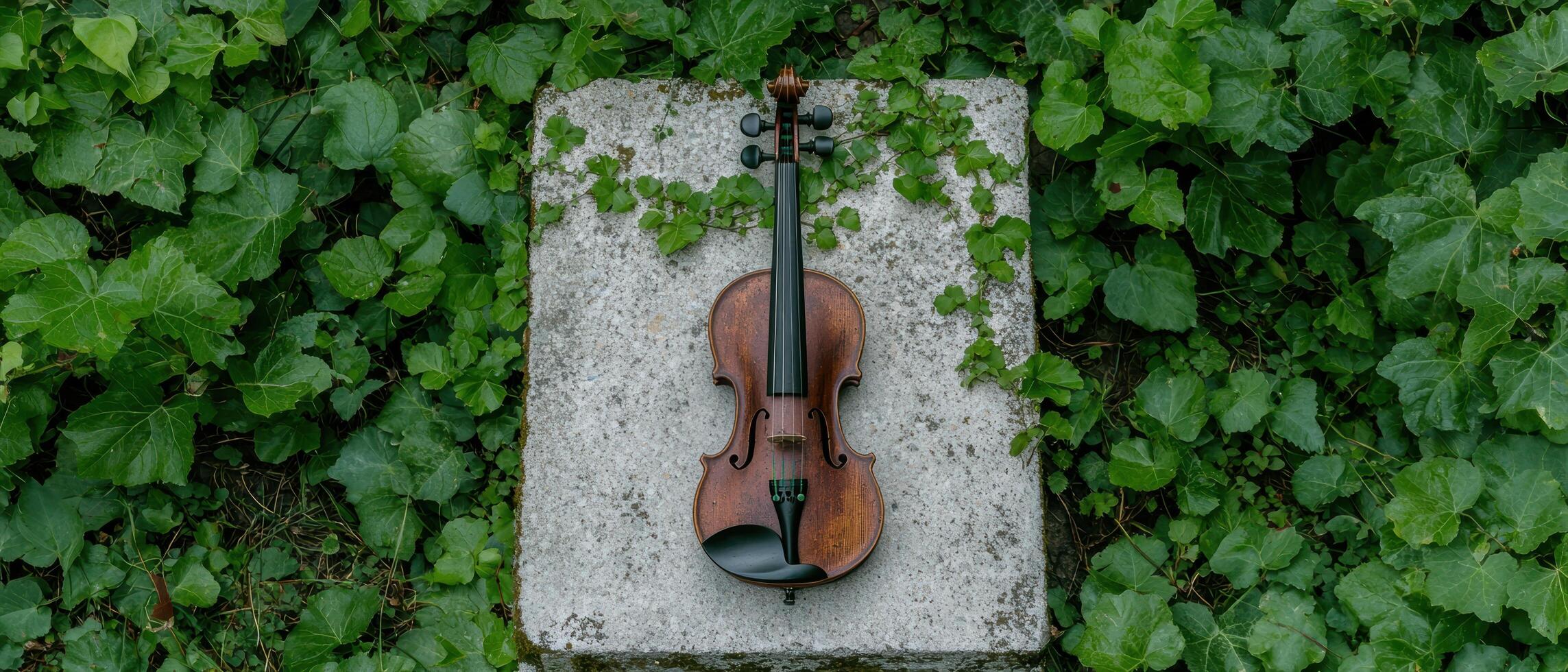 Vintage violin on stone slab surrounded by lush greenery photo