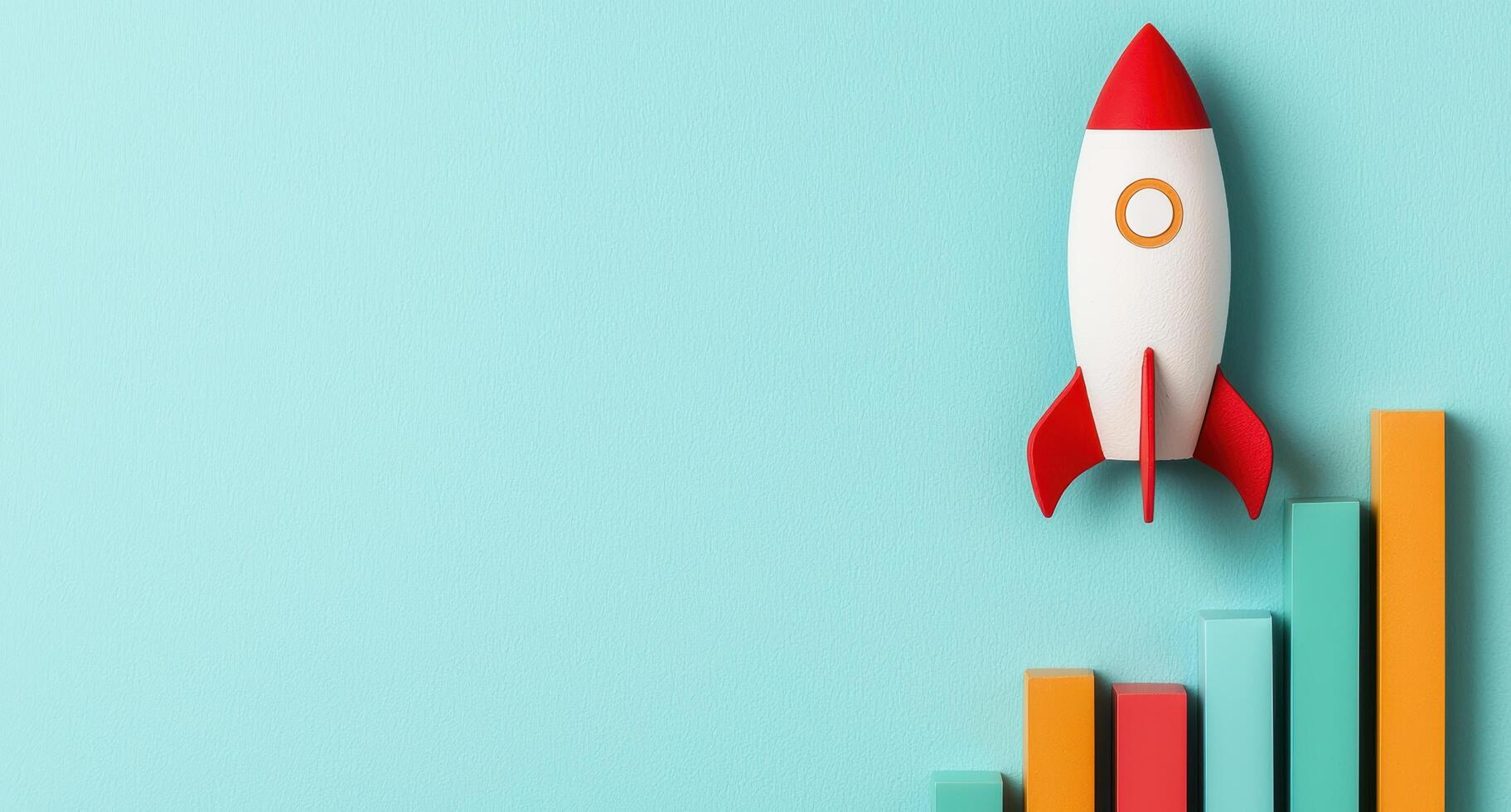 Colorful rocket and business graph on mint background photo