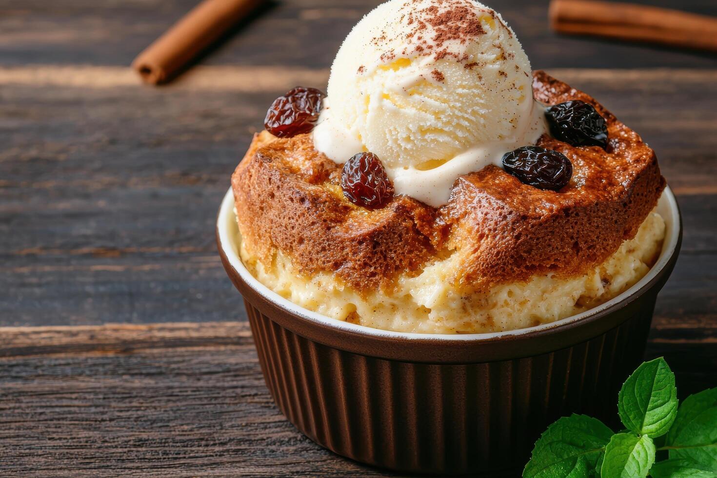 Delicious bread pudding dessert with ice cream and dried fruit photo