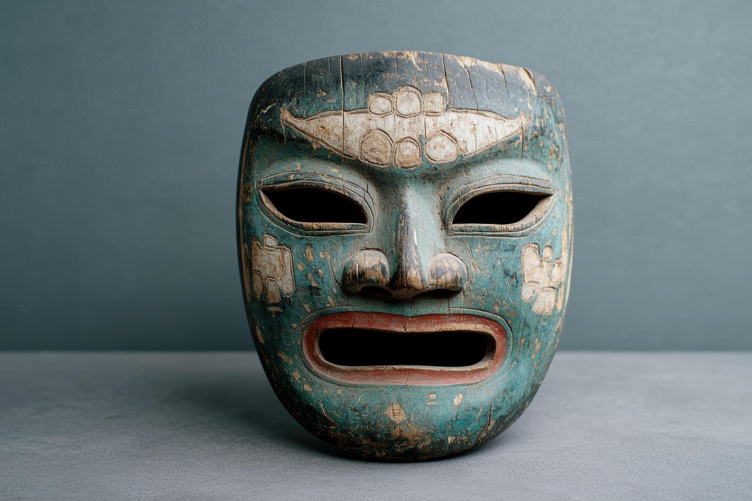 Ornate wooden mask with intricate carvings and a fierce expression photo