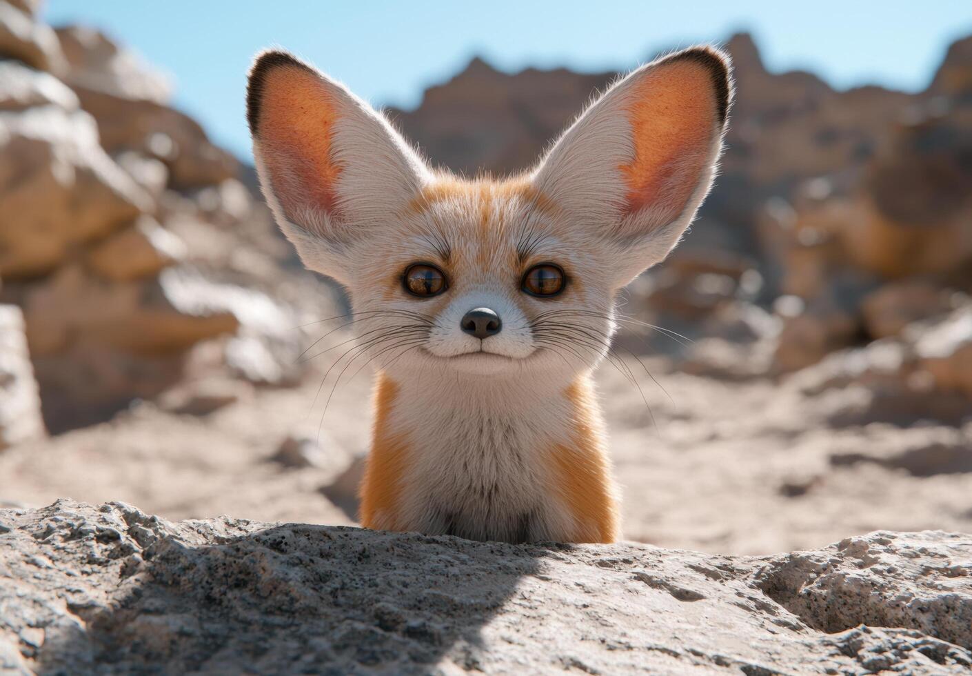Curious desert fox peering from behind rock photo
