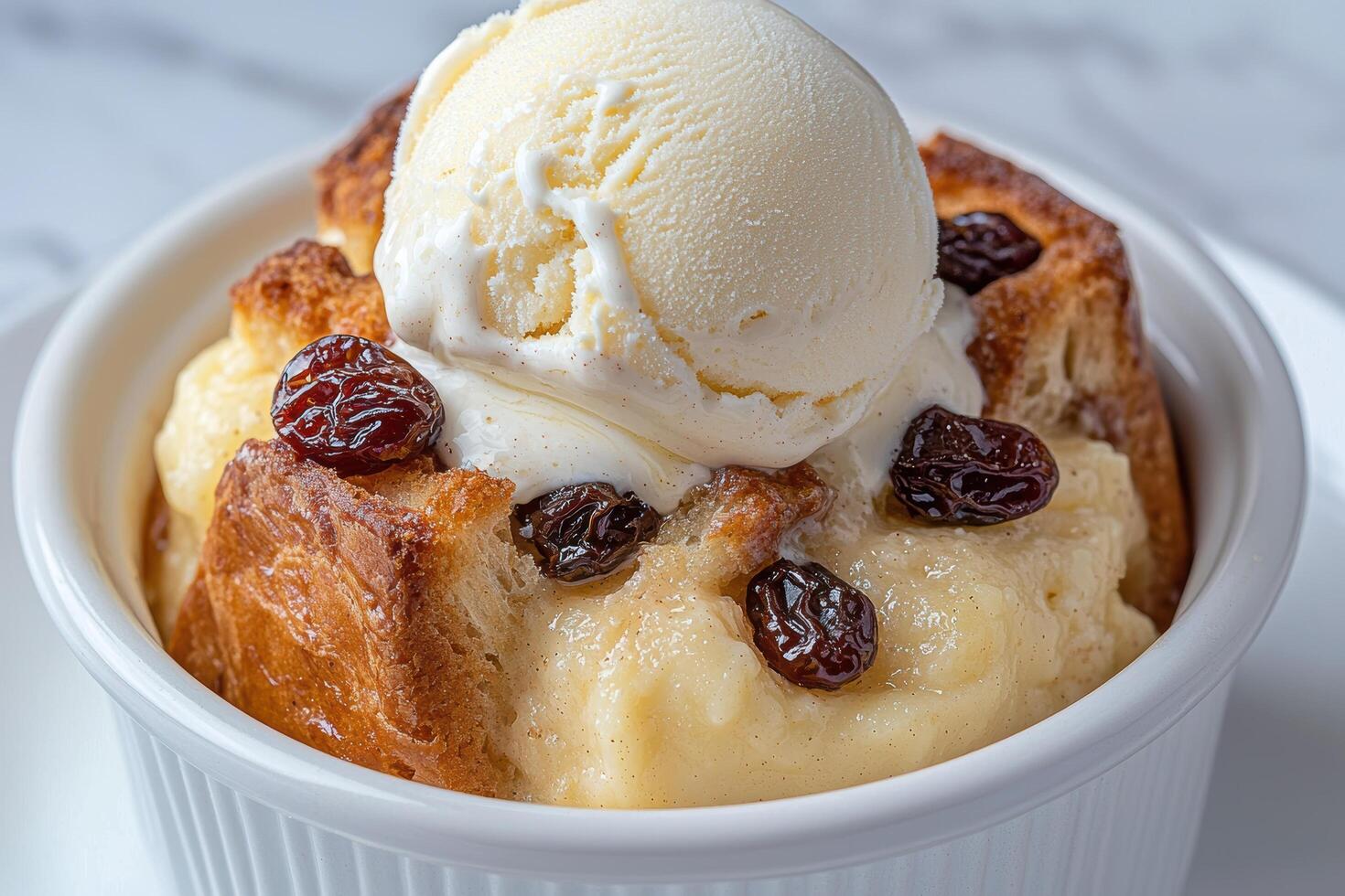 Delicious bread pudding with ice cream photo