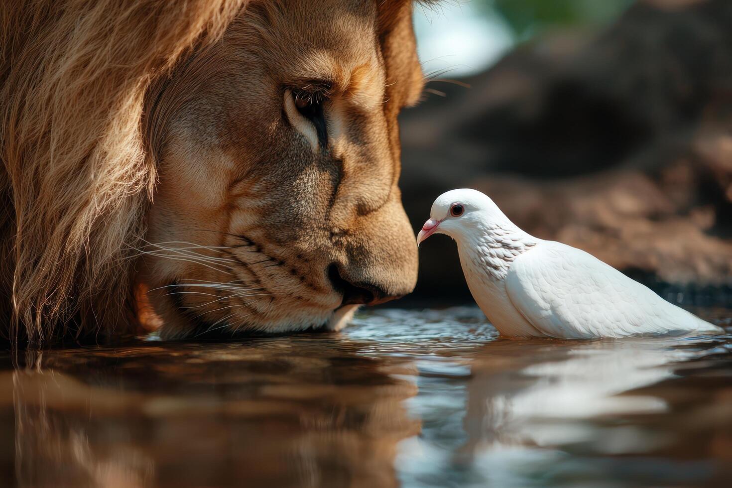 Peaceful coexistence between a lion and a dove photo