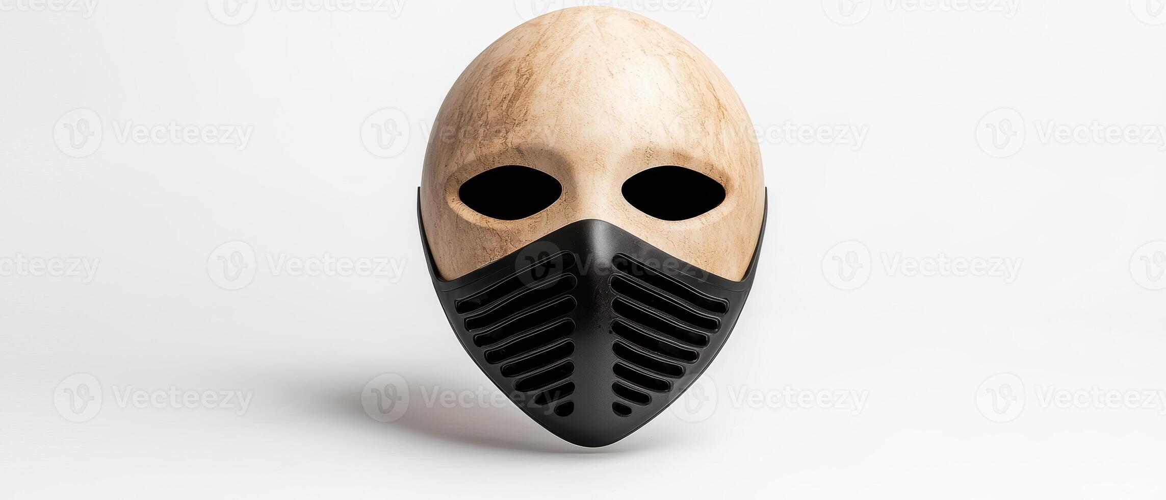 Mysterious wooden mask with black grid pattern photo