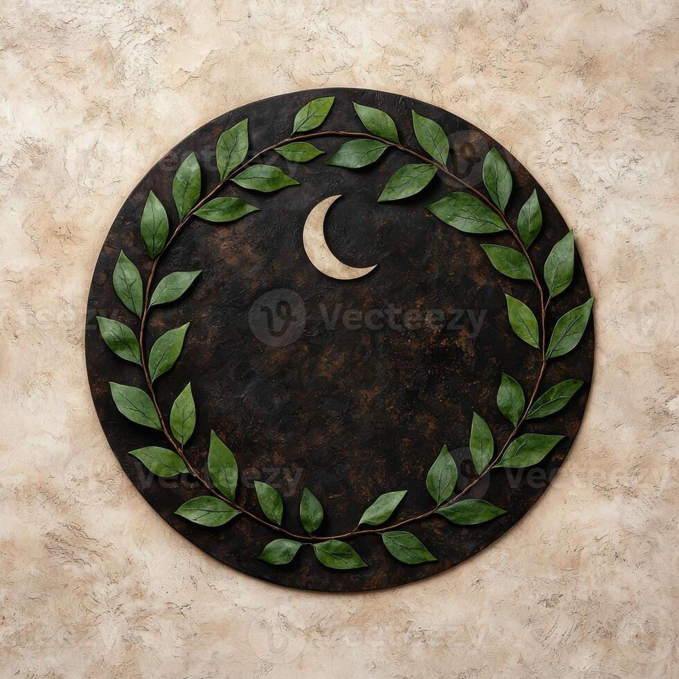 Crescent moon and leaf wreath on stone background photo