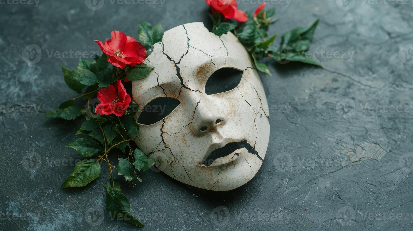 Cracked mask with red roses photo