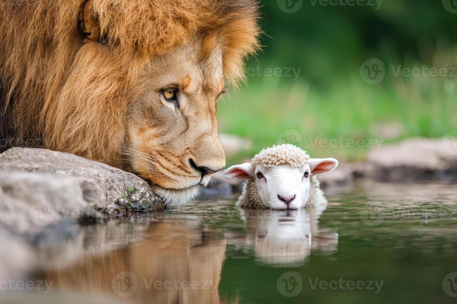 Peaceful coexistence between a lion and a lamb photo