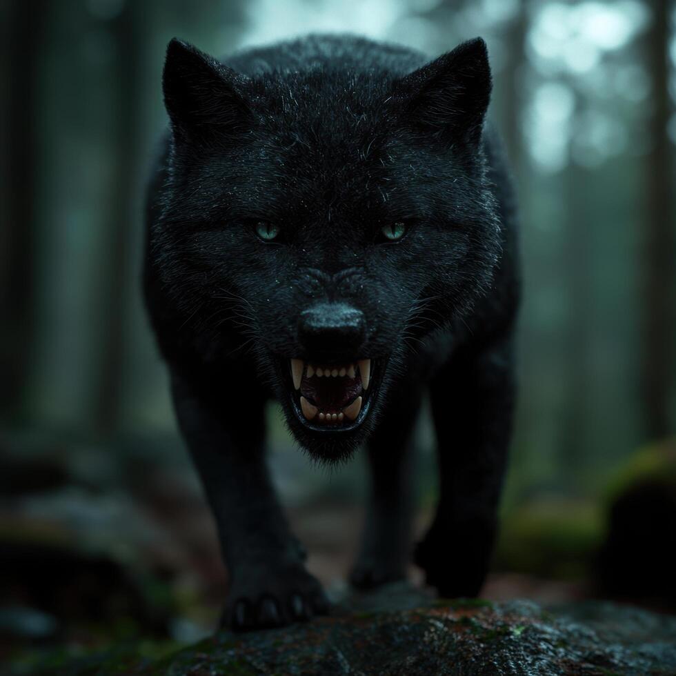 Fierce black wolf with glowing eyes in dark forest photo