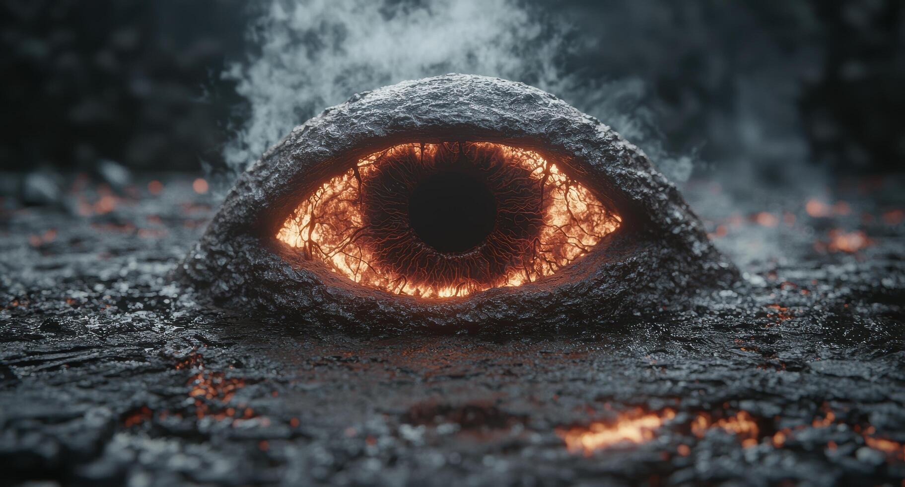 Fiery eye of a mythical creature emerging from the darkness photo