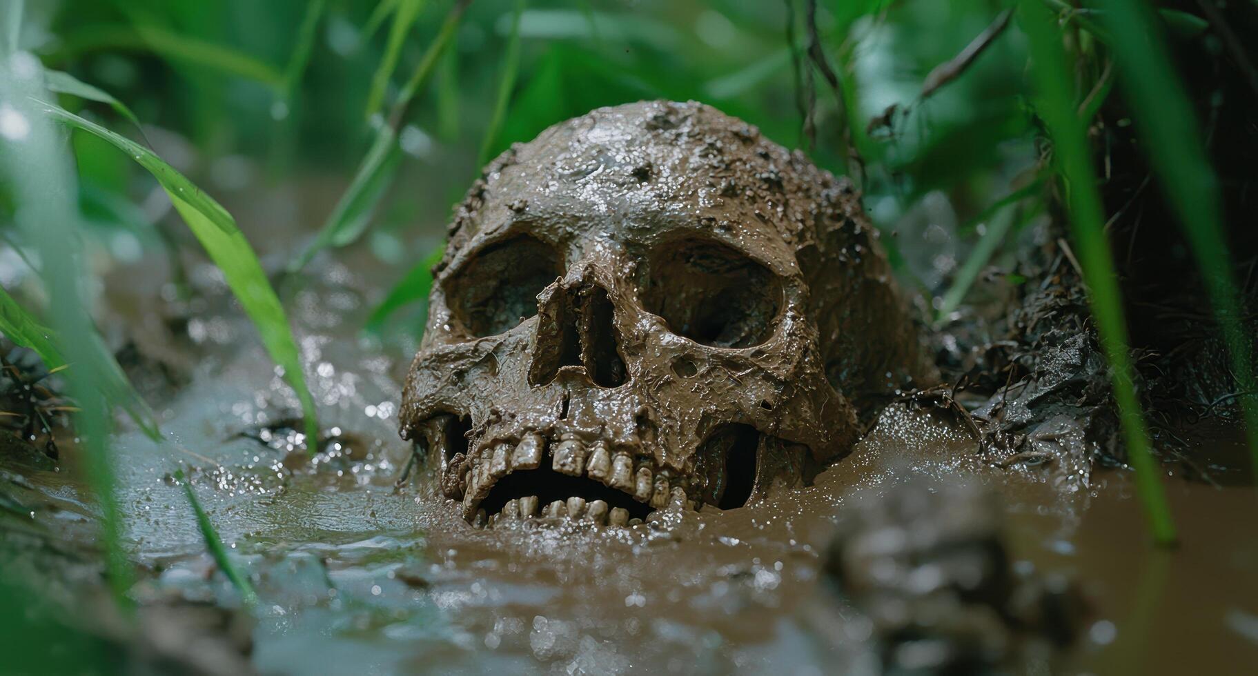Weathered skull in lush green foliage photo