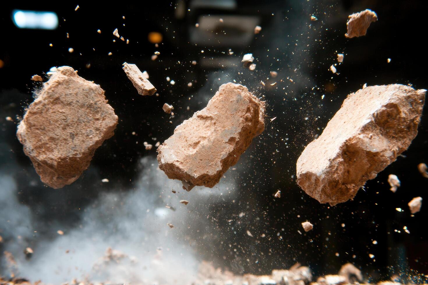Exploding rock fragments in dark environment photo