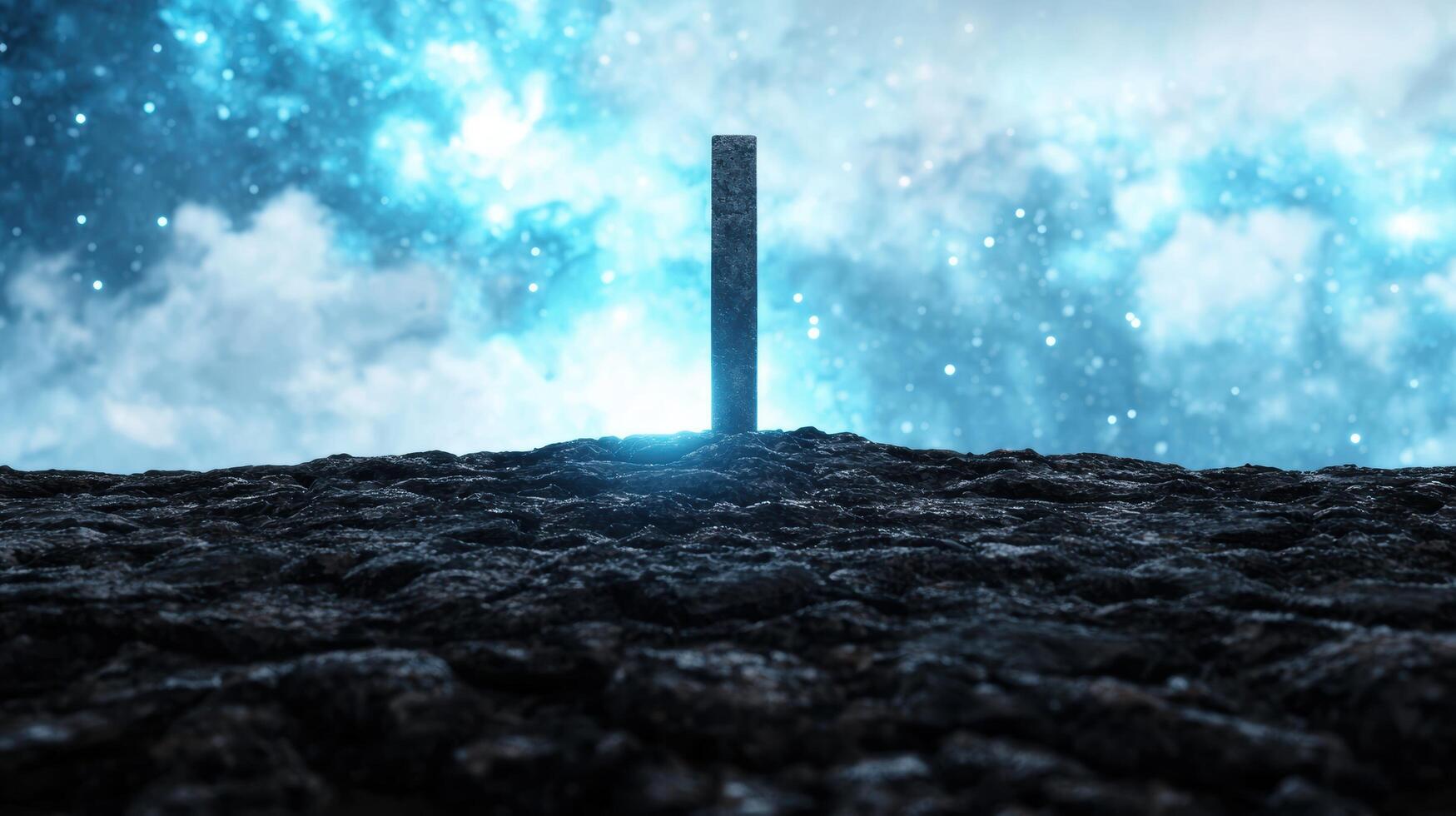 Mysterious monolith in snowy landscape photo