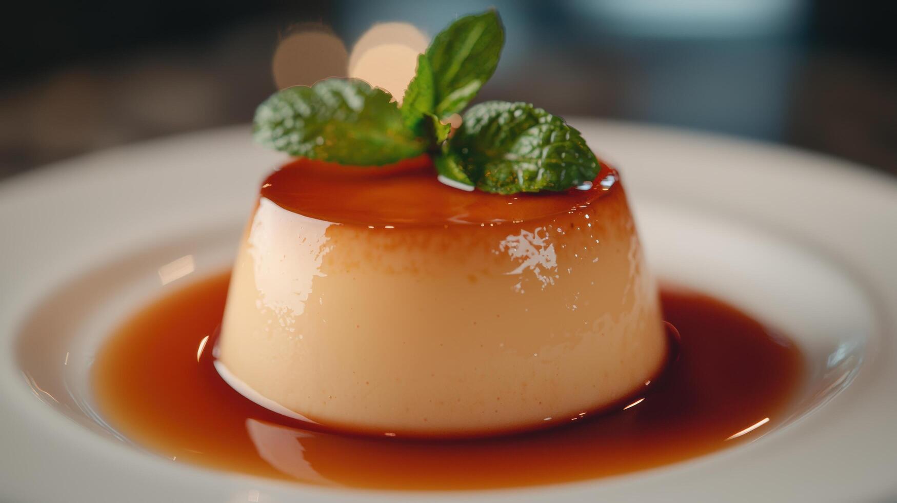 Delicious custard dessert with caramel sauce photo