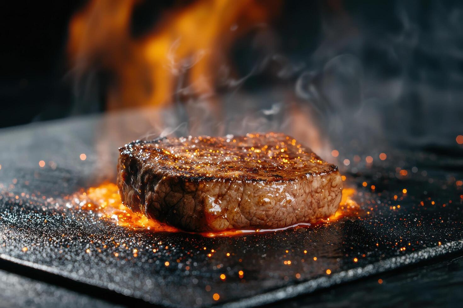 Sizzling steak with smoke and flames photo