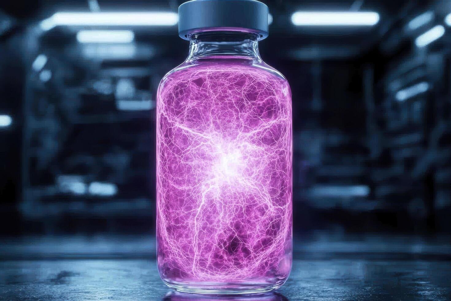 Glowing energy bottle with abstract lightning photo