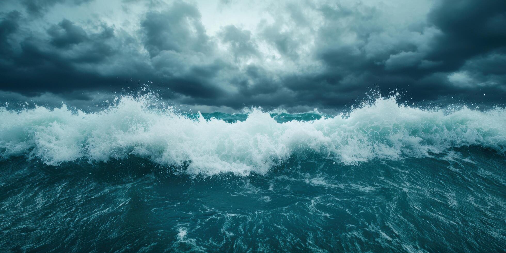 Dramatic stormy ocean waves crashing against the shore photo