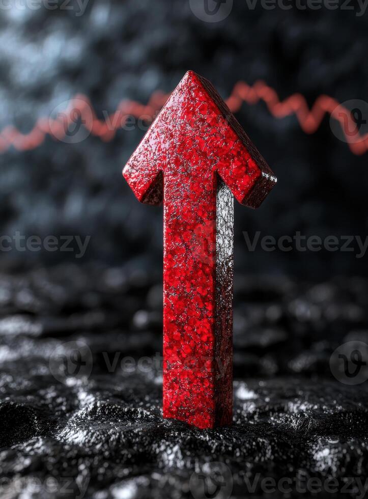 Glowing red arrow pointing up through dark background photo