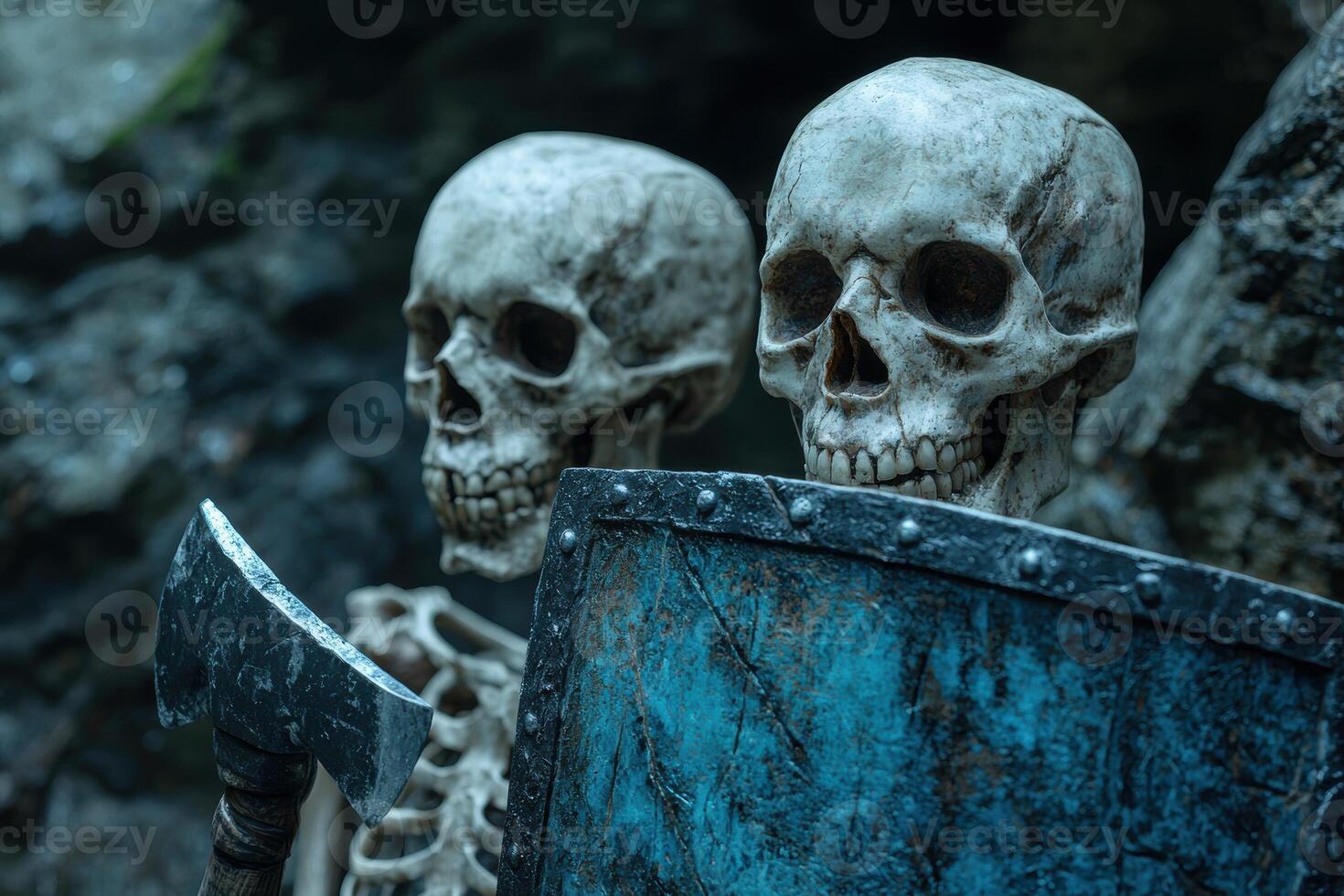 Creepy skulls in the dark forest photo