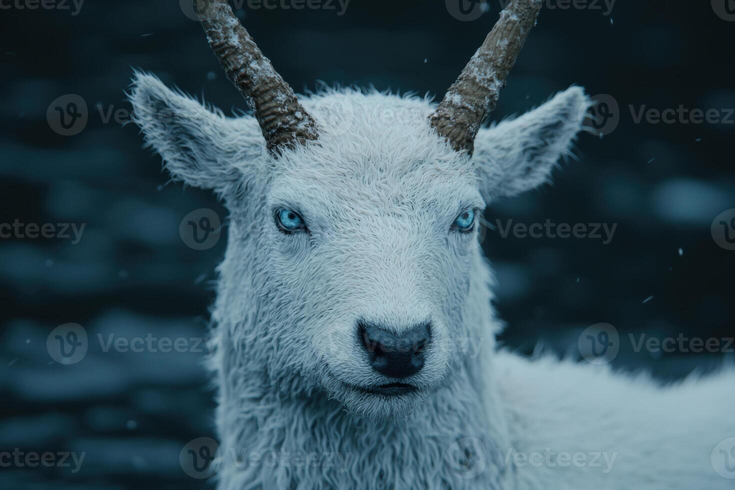 Majestic white goat with piercing blue eyes in snowy forest photo