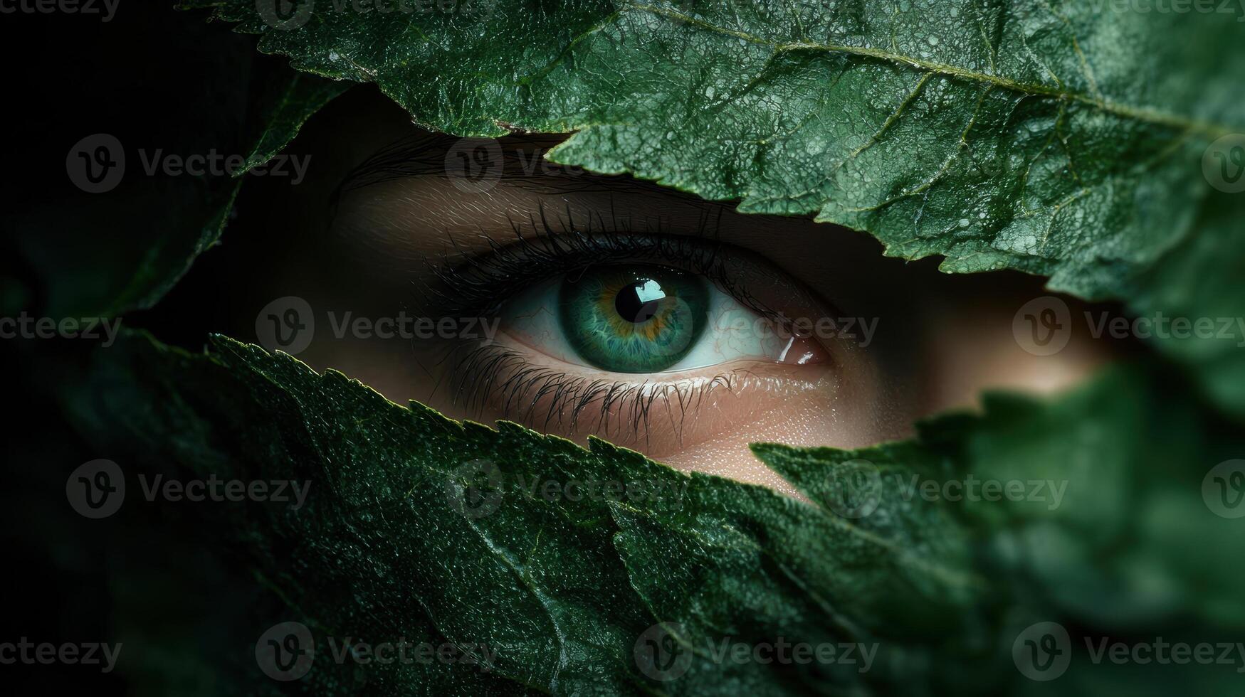 Mysterious green eye peeking through leaves photo