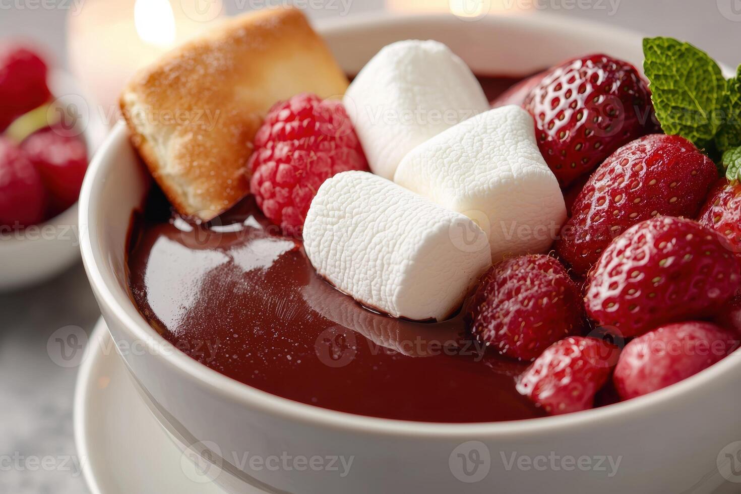 Delicious chocolate fondue with fresh strawberries and marshmallows photo
