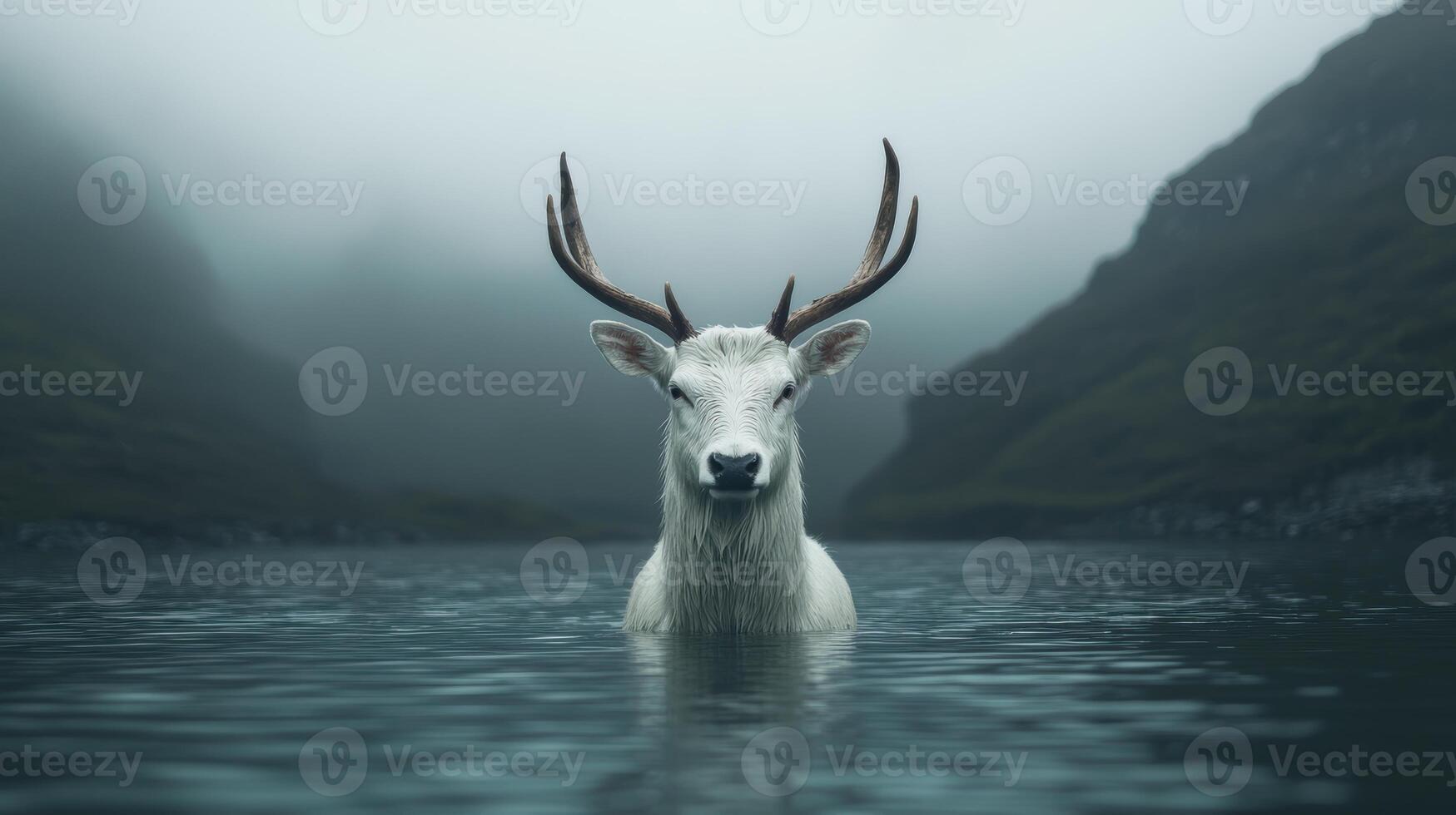 majestic white deer in serene lake photo