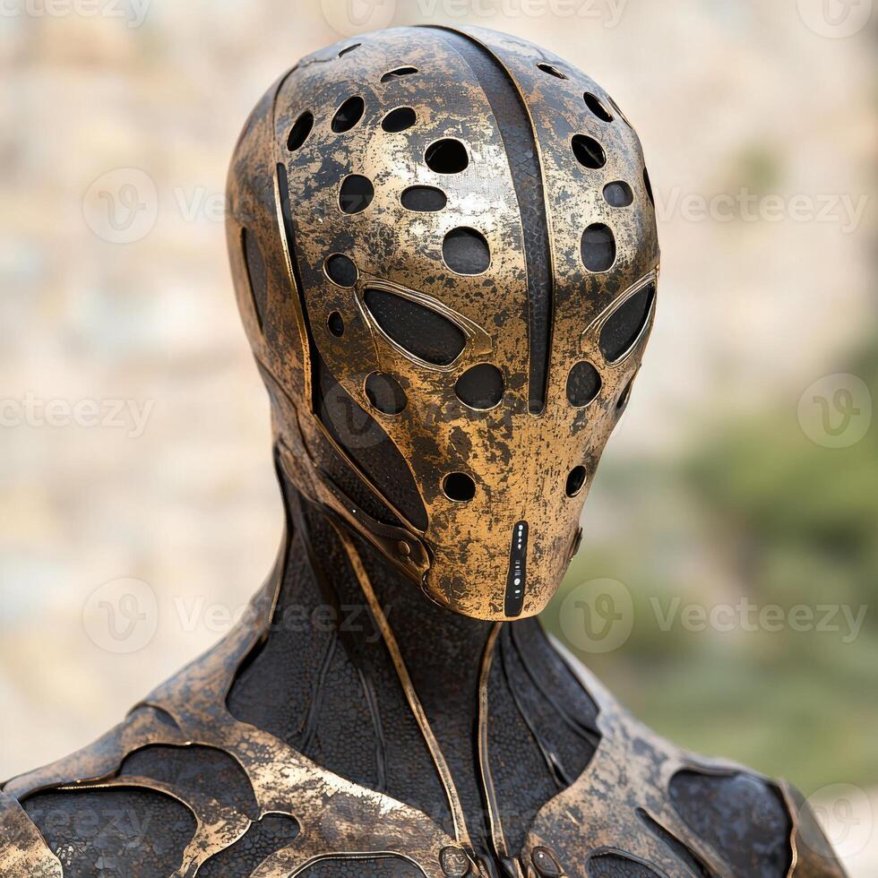 Futuristic robot with a distressed metal mask photo