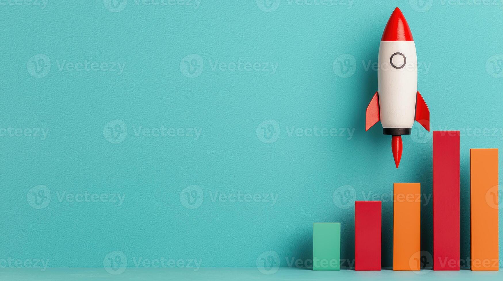 Rocket and business growth chart on turquoise background photo