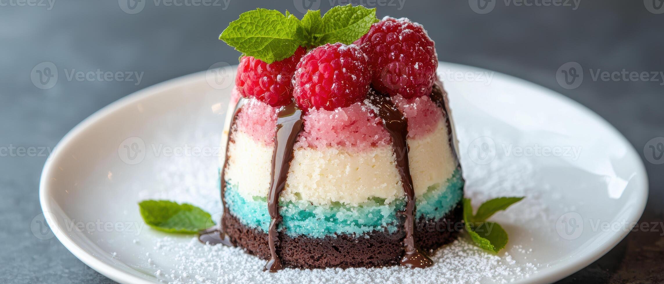 Colorful layered dessert with raspberries and mint photo