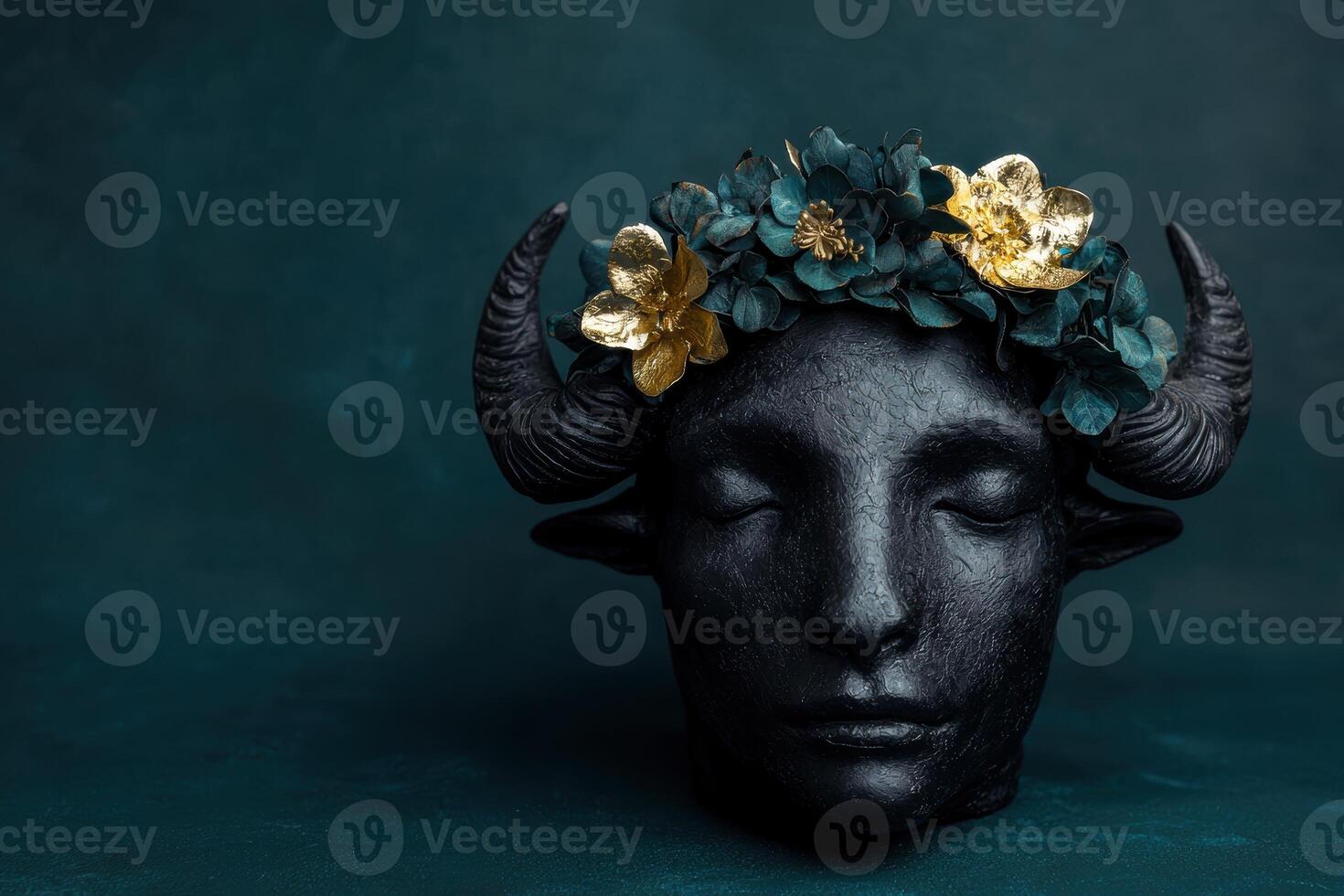 Dark floral goddess statue with golden accents photo