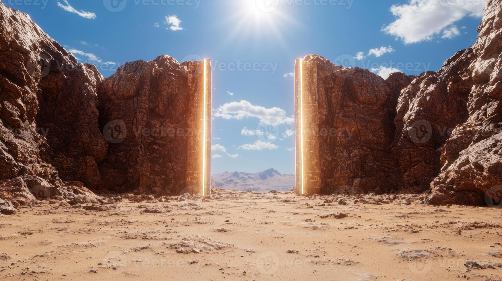 Dramatic desert landscape with towering rock formations photo